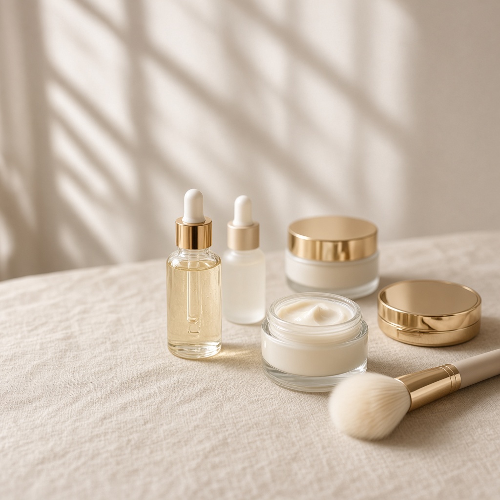 Curated luxury cosmetics still life